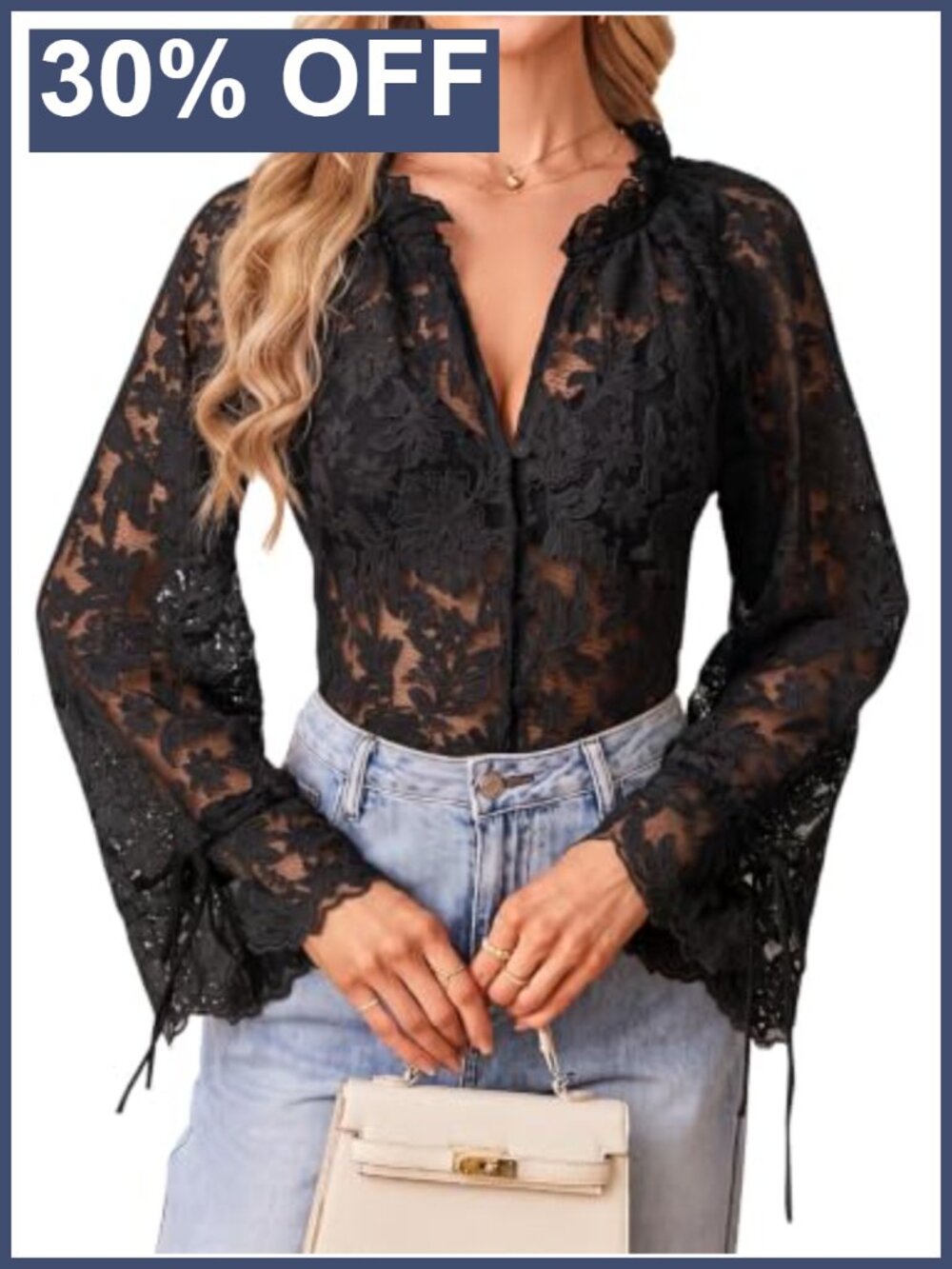 Womens Long Sleeve Lace Blouse V Neck Button Down Floral Embroidered Top